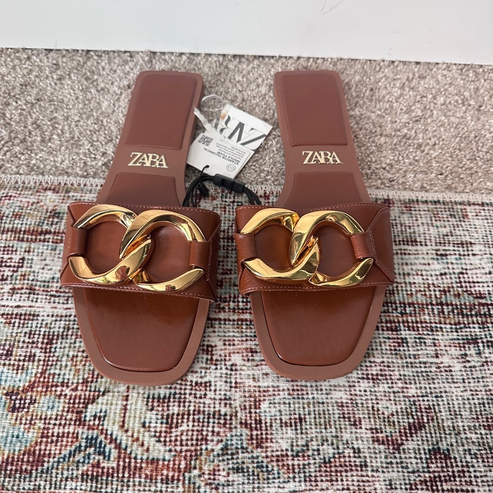 Zara Brown Sandals with Gold Chain Detail